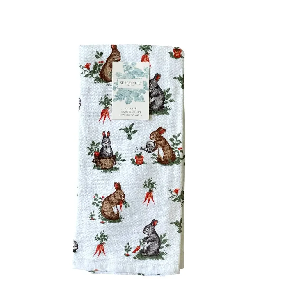 Shabby Chic Cotton Kitchen Towels Spring Floral Easter Bunny Rabbit Set of 3 NEW
